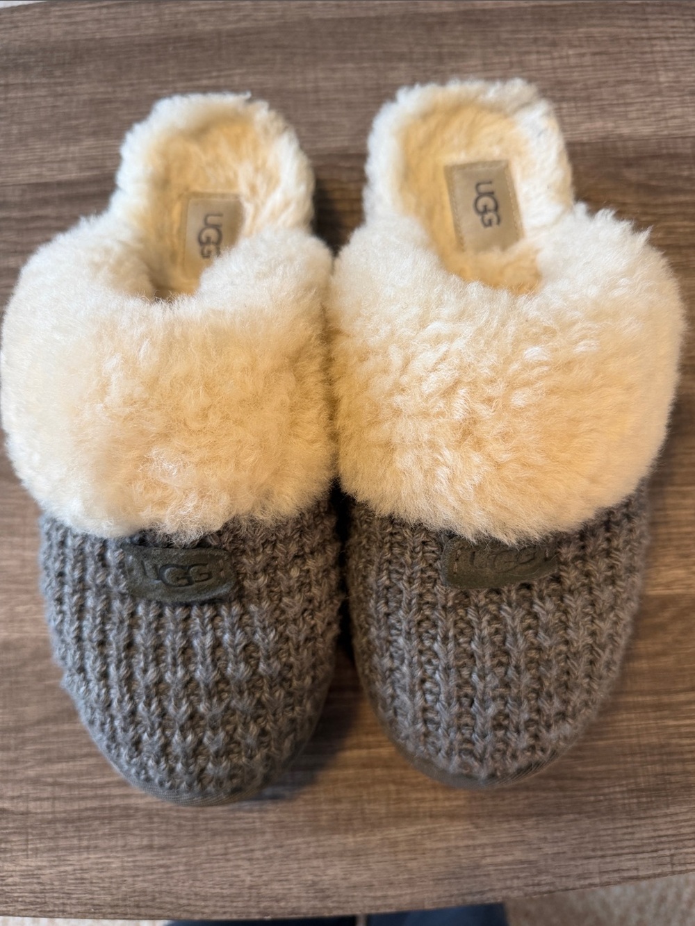 UGG Knit Clog Slippers in Gray with Cream Shearling Collar